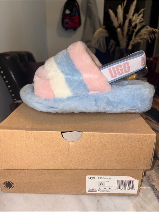 UGG Shoes - UGG Pastel Stripe Fluff Slide in Blue, Pink & Cream